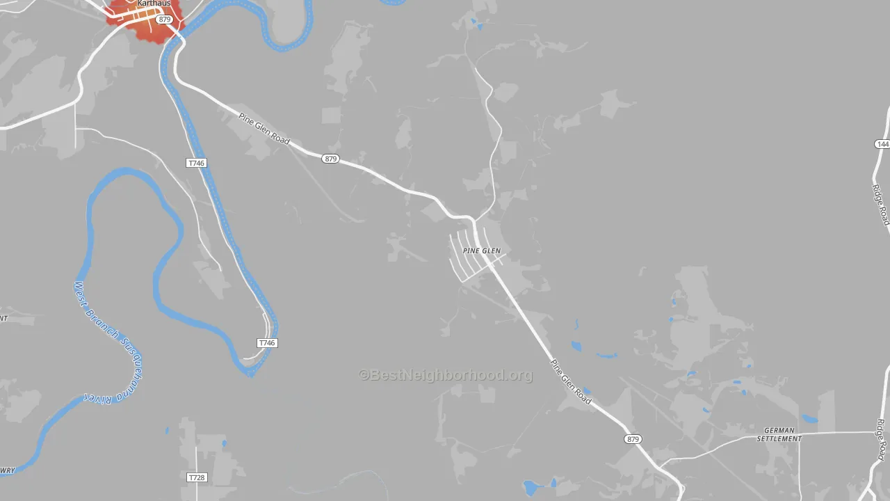 Walk Grade map of Pine Glen, PA, walkable areas in green and car-dependent areas in red