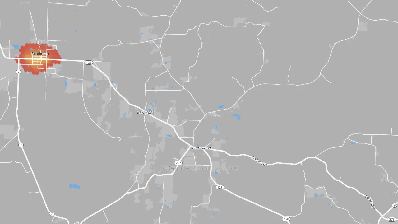 Walk Grade map of Pine Grove, AR, walkable areas in green and car-dependent areas in red