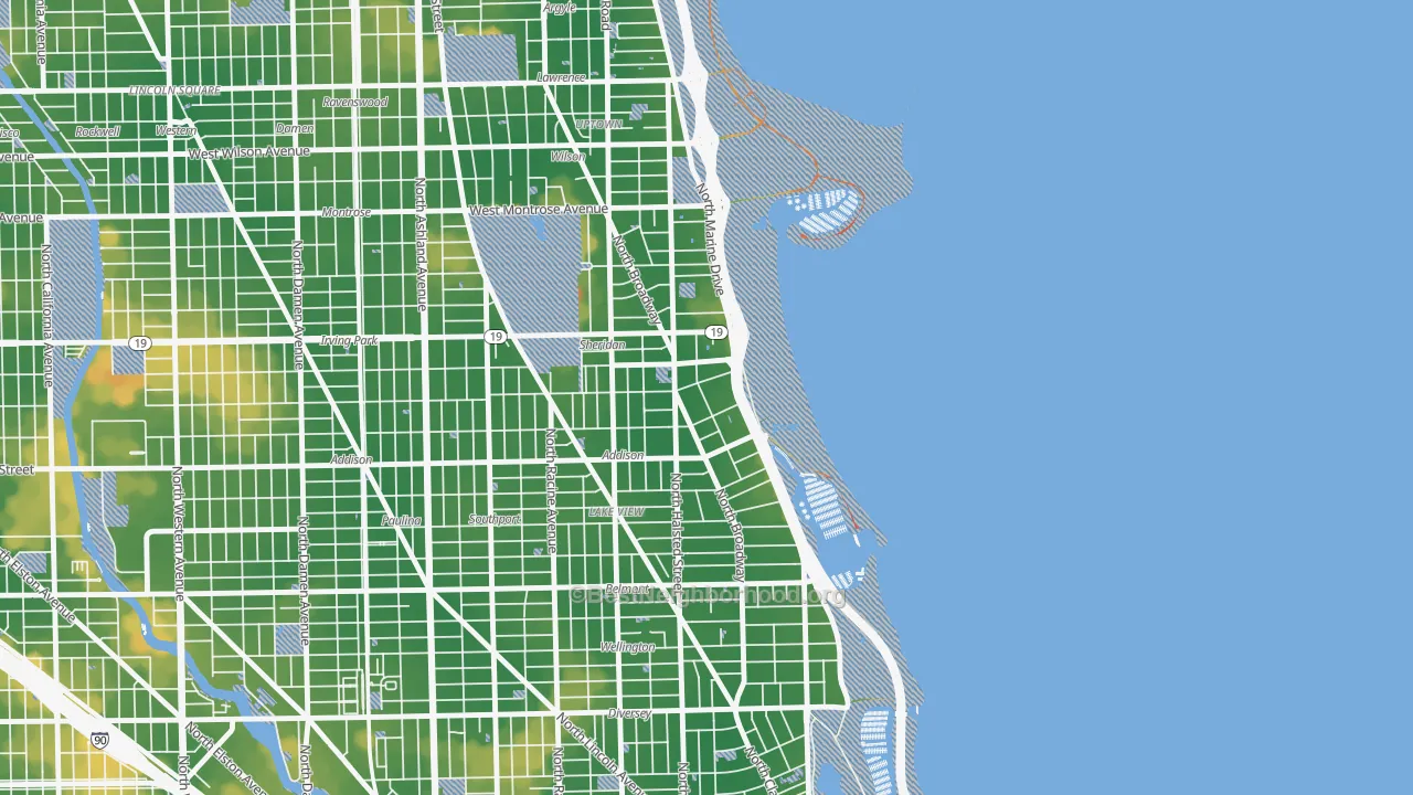 Walk Grade map of Pine Grove, Chicago, IL, walkable areas in green and car-dependent areas in red