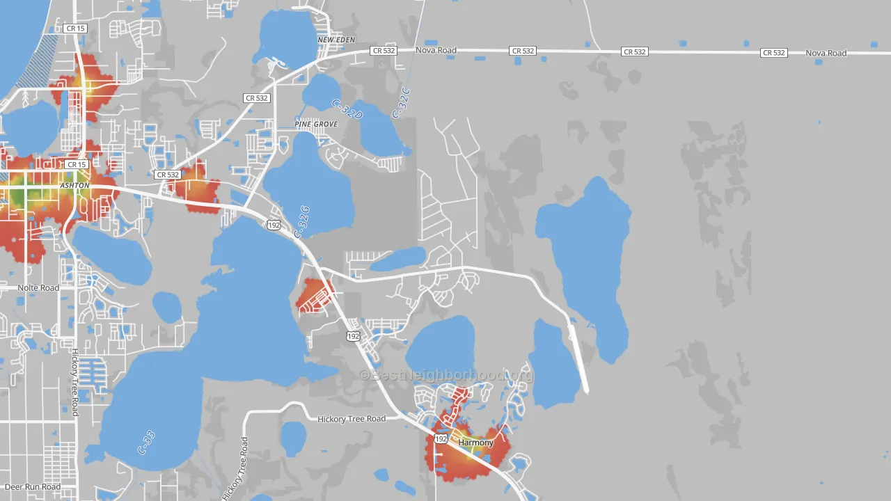 Walk Grade map of Pine Grove, FL, walkable areas in green and car-dependent areas in red
