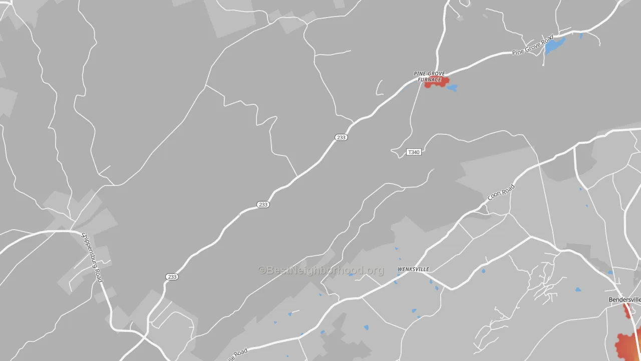 Walk Grade map of Pine Grove Furnace, PA, walkable areas in green and car-dependent areas in red