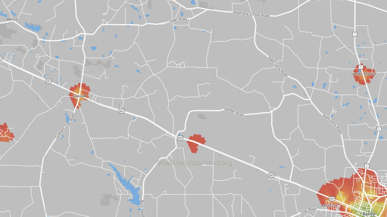 Walk Grade map of Pine Grove, GA, walkable areas in green and car-dependent areas in red