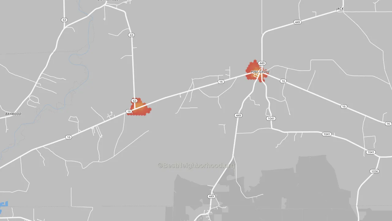 Walk Grade map of Pine Grove, LA, walkable areas in green and car-dependent areas in red