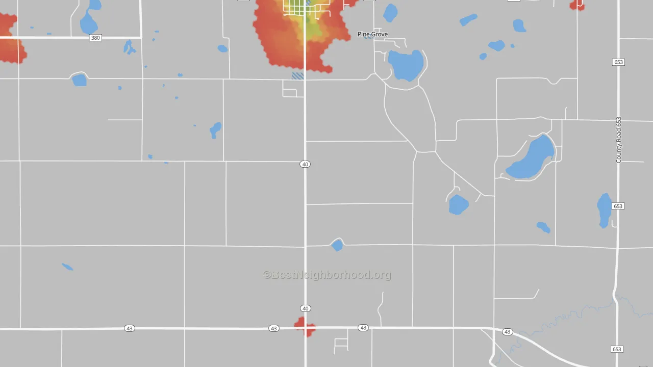 Walk Grade map of Pine Grove, MI, walkable areas in green and car-dependent areas in red