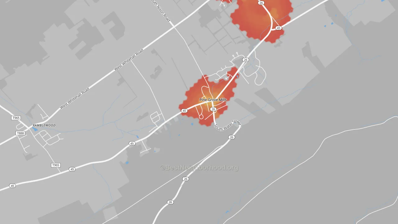 Walk Grade map of Pine Grove Mills, PA, walkable areas in green and car-dependent areas in red