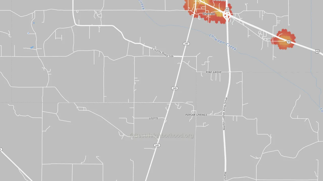 Walk Grade map of Pine Grove, MS, walkable areas in green and car-dependent areas in red