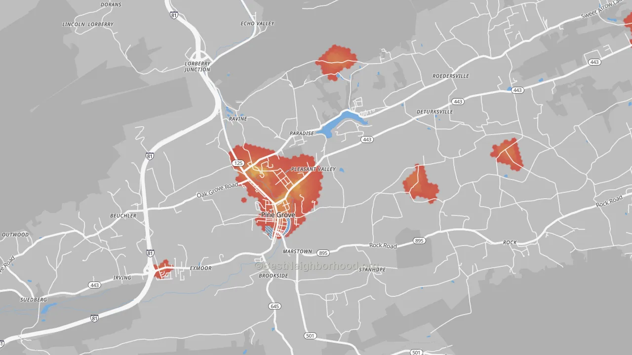 Walk Grade map of Pine Grove, PA, walkable areas in green and car-dependent areas in red