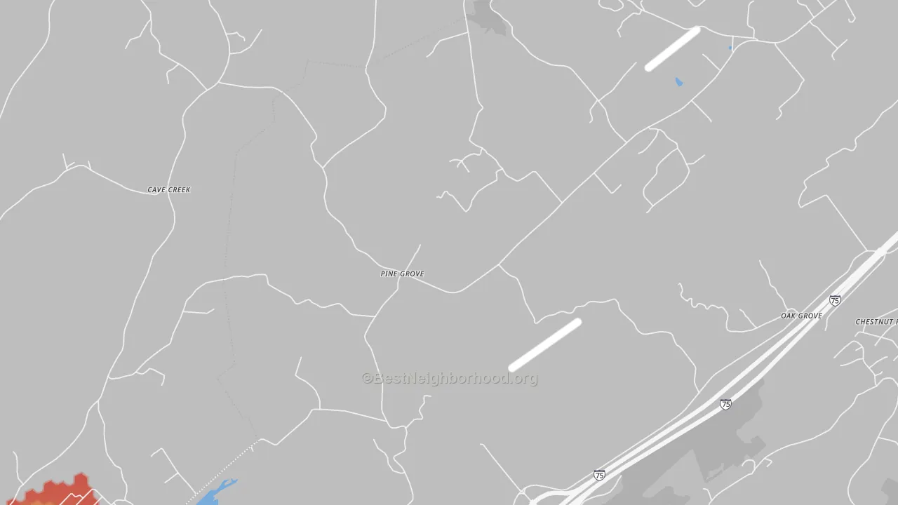 Walk Grade map of Pine Grove, TN, walkable areas in green and car-dependent areas in red