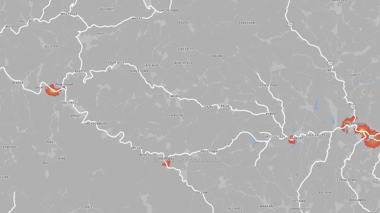 Walk Grade map of Pine Grove, WV, walkable areas in green and car-dependent areas in red