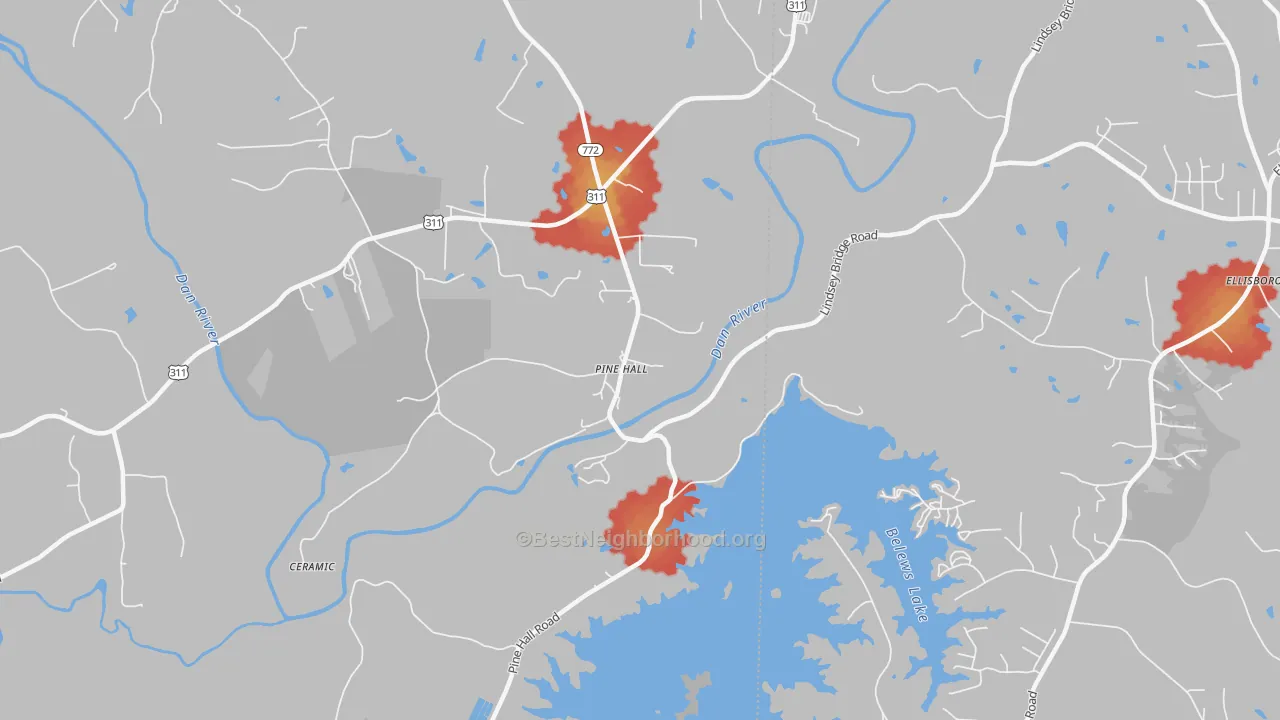 Walk Grade map of Pine Hall, NC, walkable areas in green and car-dependent areas in red