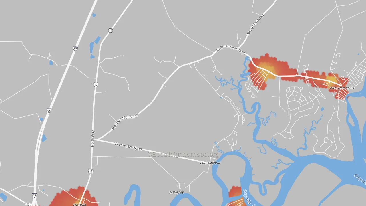 Walk Grade map of Pine Harbor, GA, walkable areas in green and car-dependent areas in red