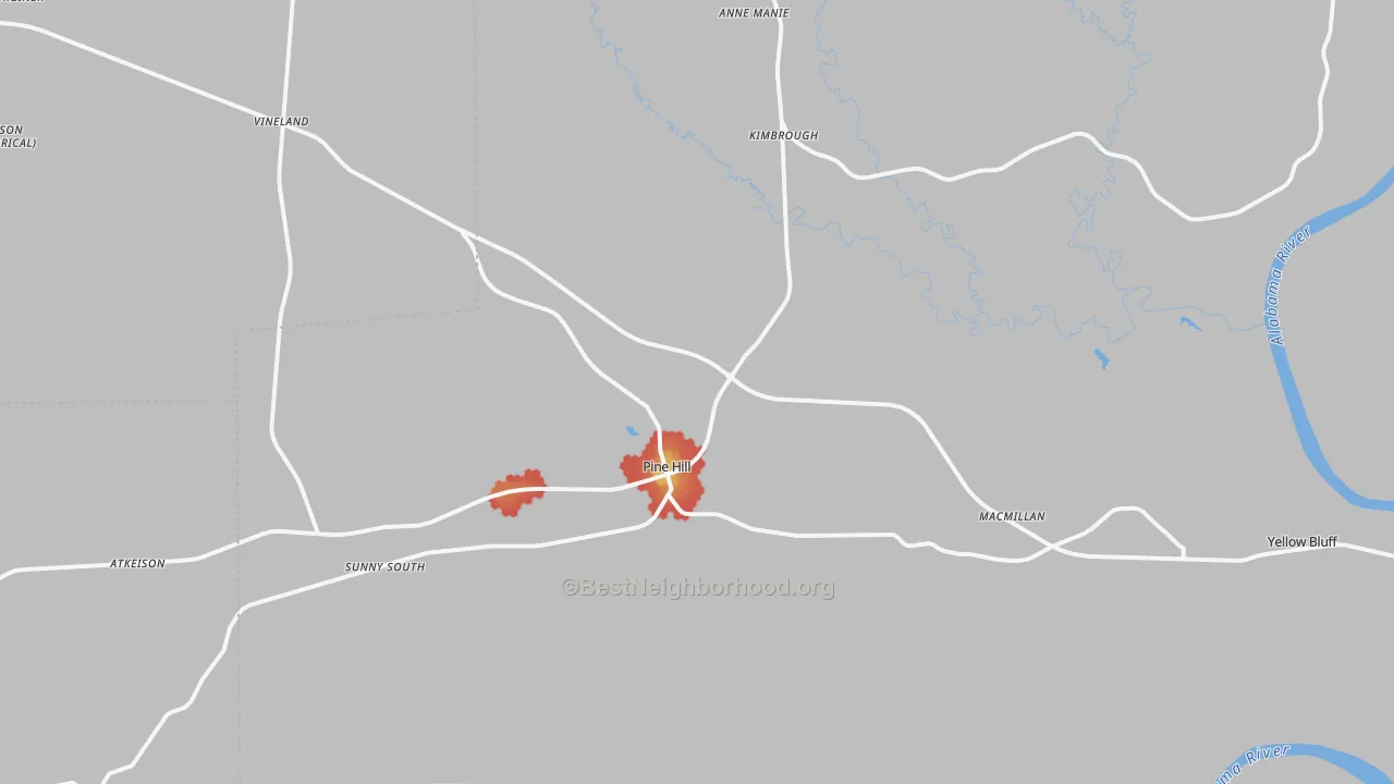 Walk Grade map of Pine Hill, AL, walkable areas in green and car-dependent areas in red
