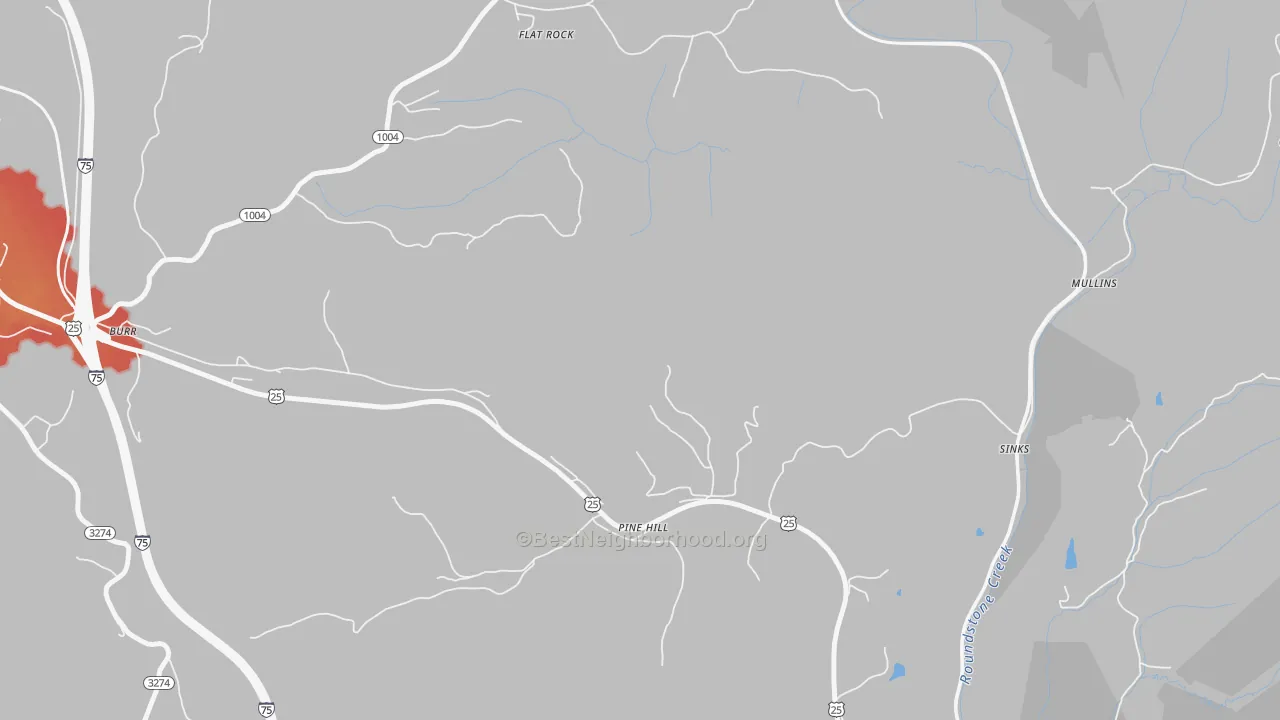 Walk Grade map of Pine Hill, KY, walkable areas in green and car-dependent areas in red
