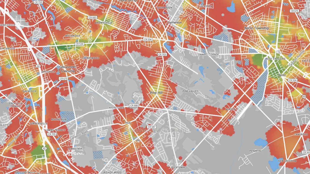 Walk Grade map of Pine Hill, NJ, walkable areas in green and car-dependent areas in red