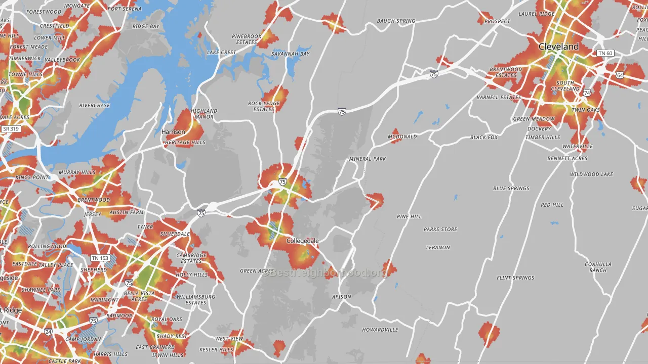 Walk Grade map of Pine Hill, TN, walkable areas in green and car-dependent areas in red
