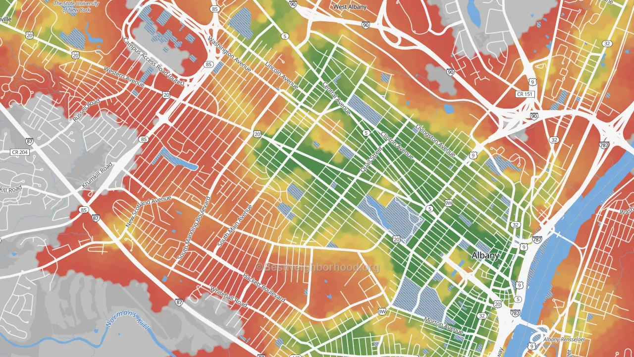 Walk Grade map of Pine Hills, Albany, NY, walkable areas in green and car-dependent areas in red