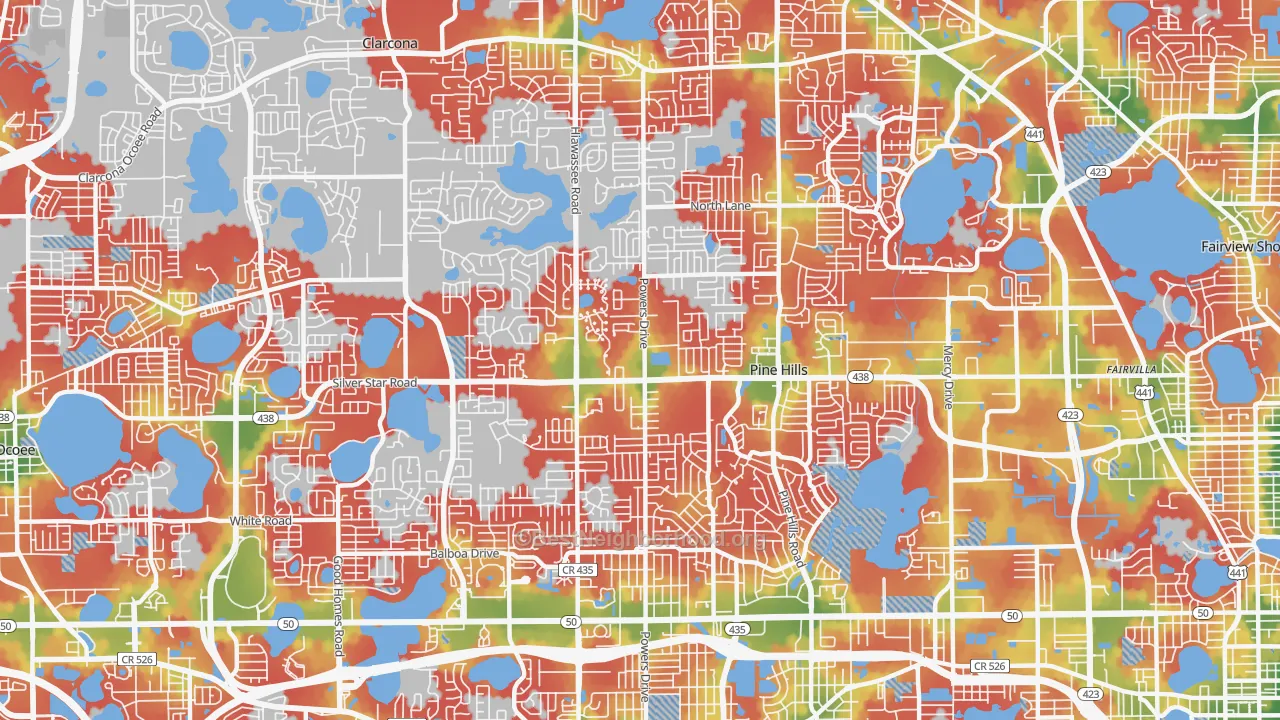 Walk Grade map of Pine Hills, FL, walkable areas in green and car-dependent areas in red