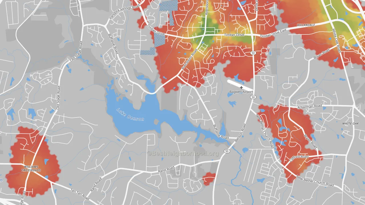Walk Grade map of Pine Hurst Park, NC, walkable areas in green and car-dependent areas in red