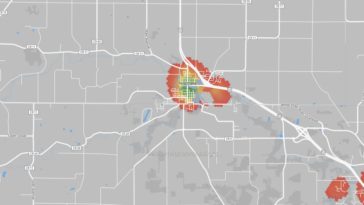 Walk Grade map of Pine Island, MN, walkable areas in green and car-dependent areas in red