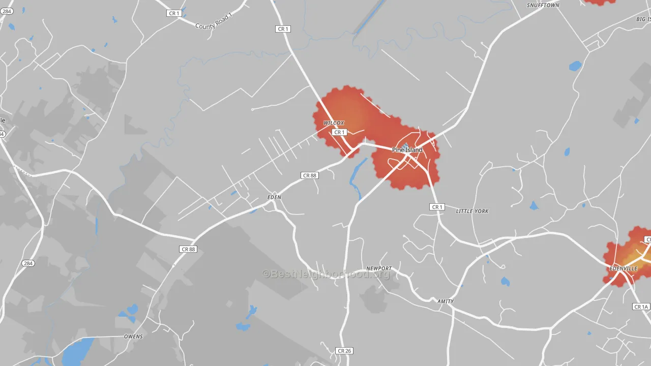Walk Grade map of Pine Island, NY, walkable areas in green and car-dependent areas in red