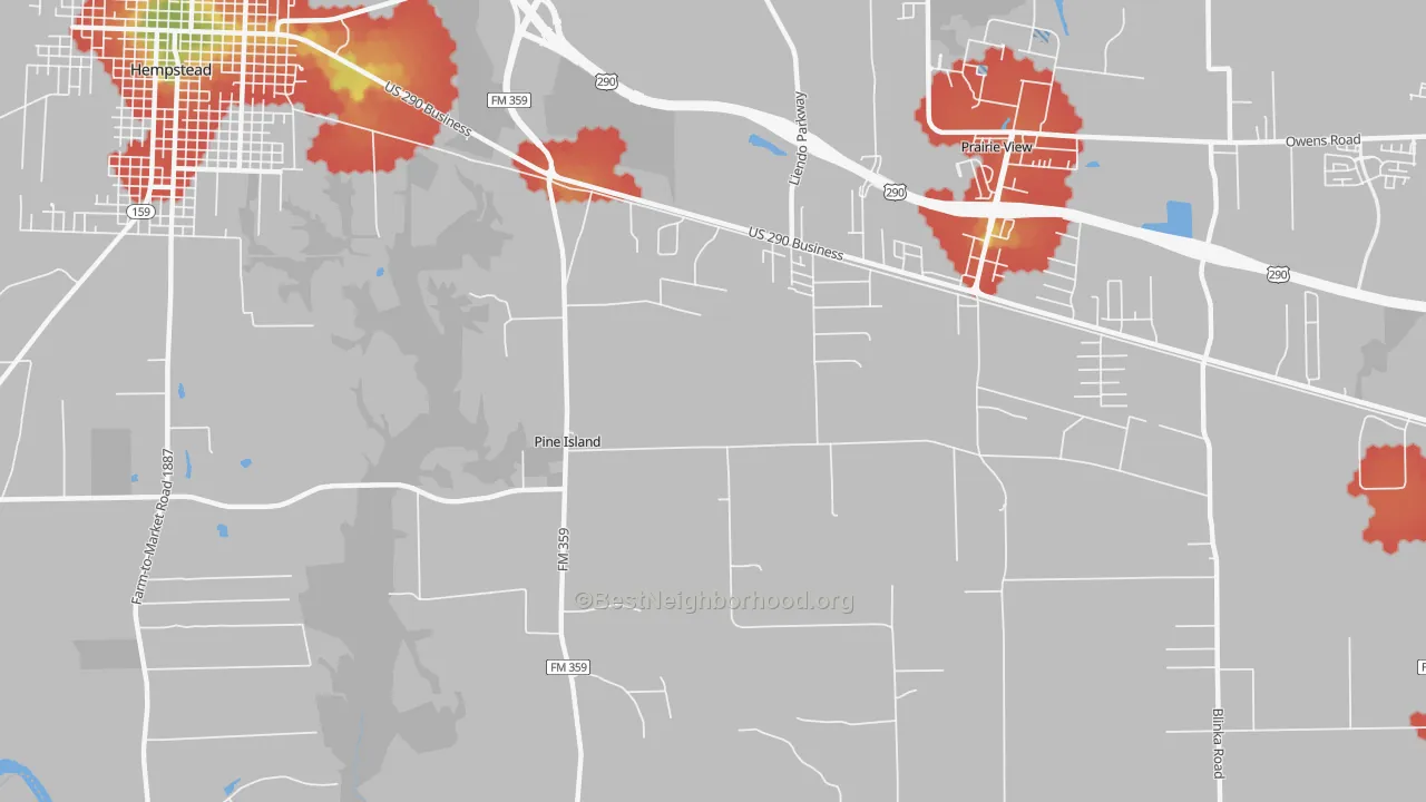 Walk Grade map of Pine Island, TX, walkable areas in green and car-dependent areas in red