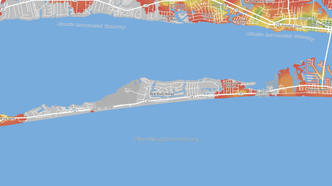 Walk Grade map of Pine Knoll Shores, NC, walkable areas in green and car-dependent areas in red