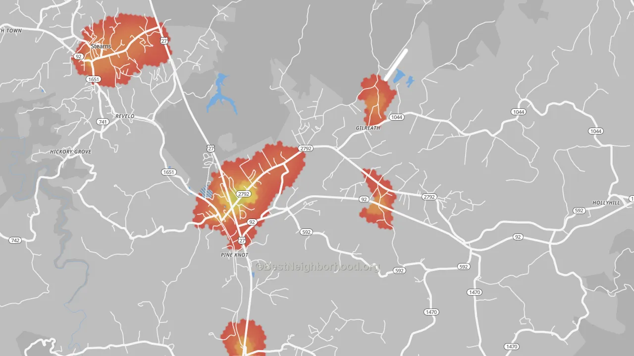 Walk Grade map of Pine Knot, KY, walkable areas in green and car-dependent areas in red