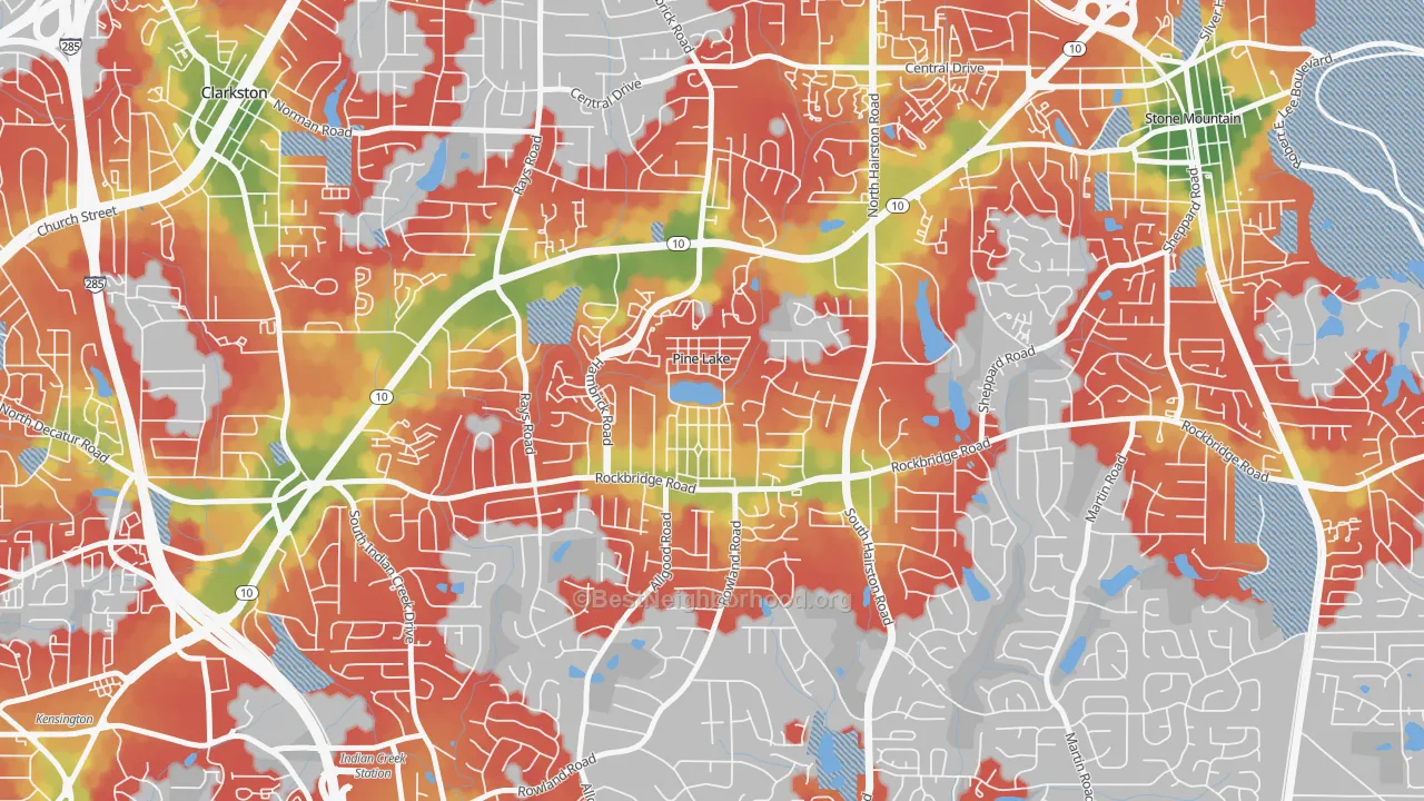 Walk Grade map of Pine Lake, GA, walkable areas in green and car-dependent areas in red