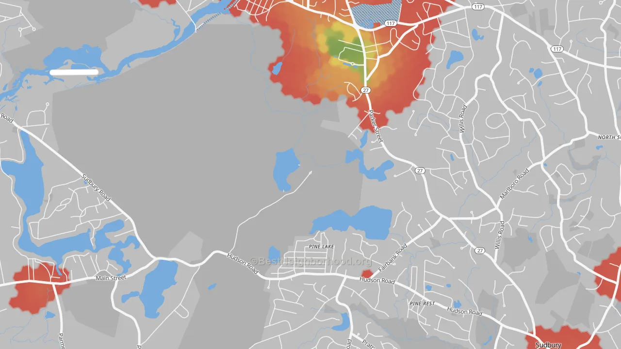 Walk Grade map of Pine Lake, MA, walkable areas in green and car-dependent areas in red