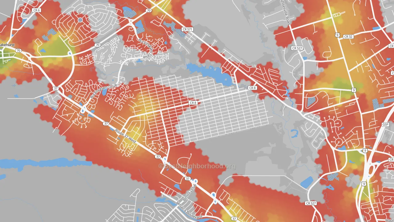 Walk Grade map of Pine Lake Park, NJ, walkable areas in green and car-dependent areas in red