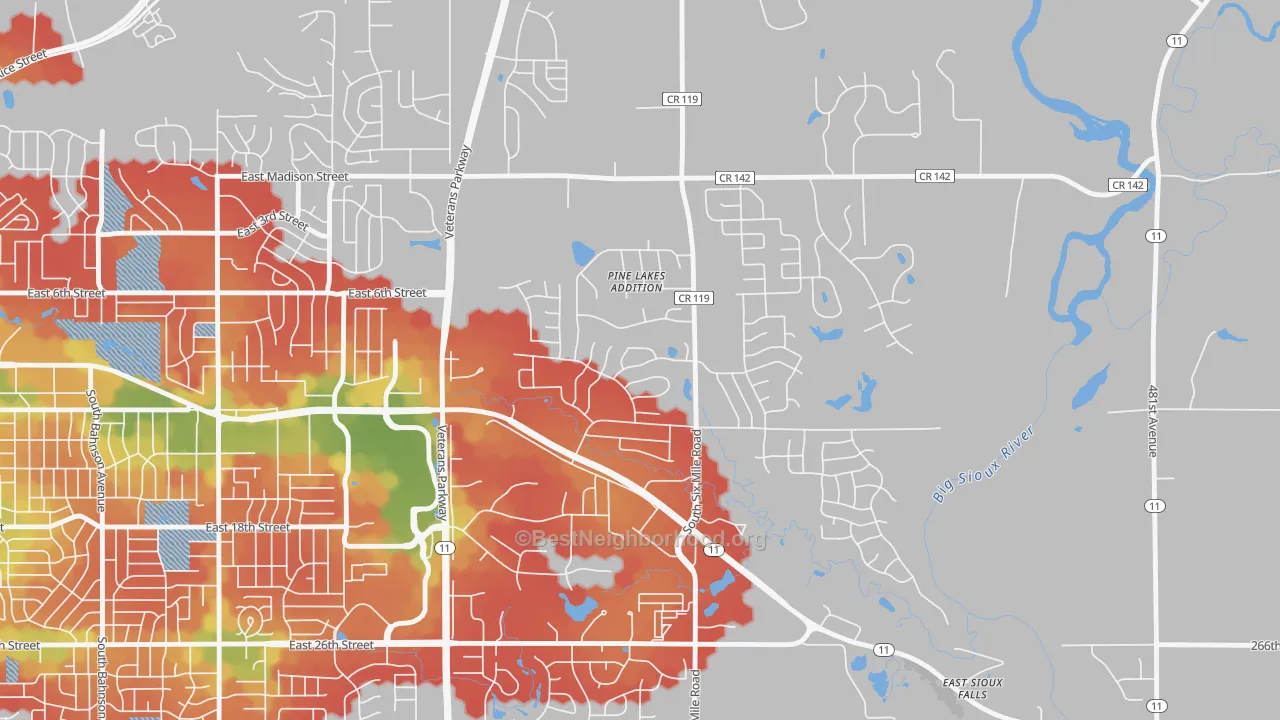 Walk Grade map of Pine Lakes Addition, SD, walkable areas in green and car-dependent areas in red