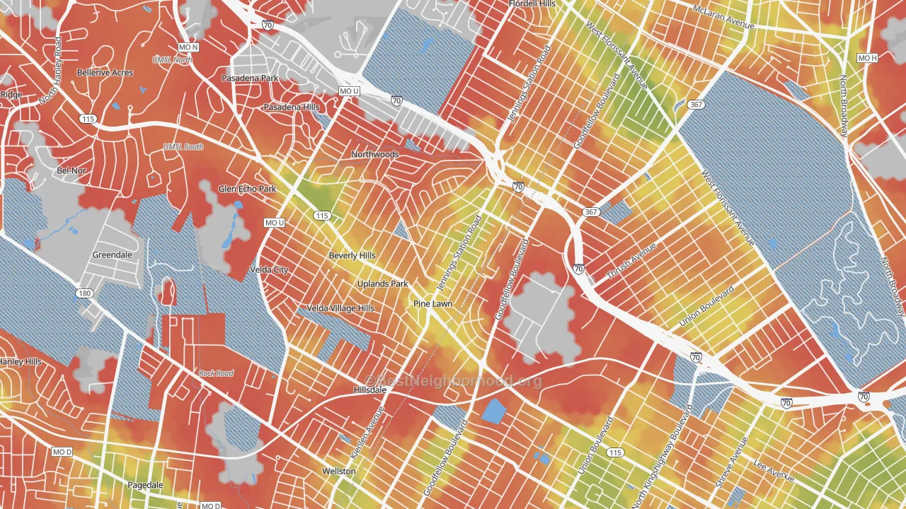 Walk Grade map of Pine Lawn, MO, walkable areas in green and car-dependent areas in red