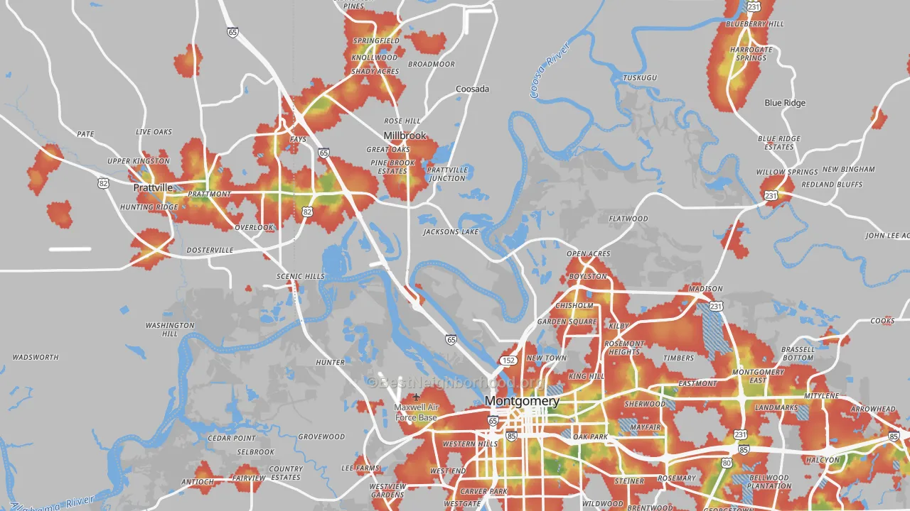 Walk Grade map of Pine Level, AL, walkable areas in green and car-dependent areas in red