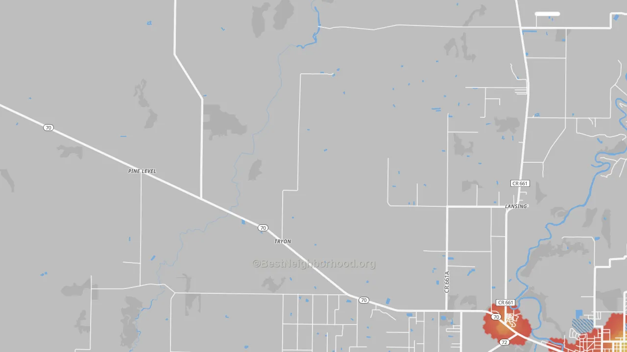 Walk Grade map of Pine Level, FL, walkable areas in green and car-dependent areas in red