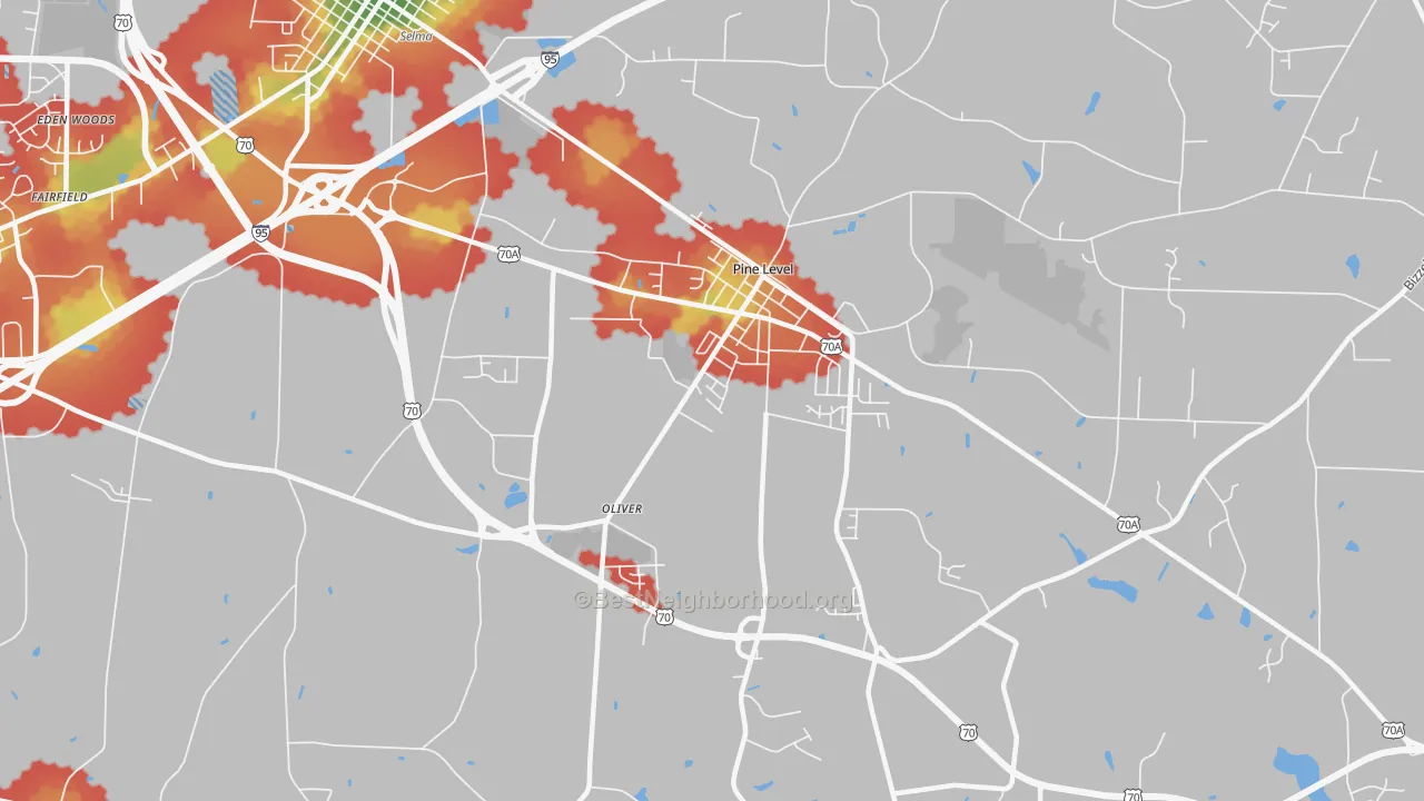 Walk Grade map of Pine Level, NC, walkable areas in green and car-dependent areas in red