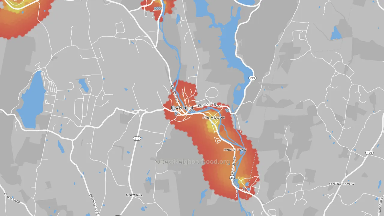 Walk Grade map of Pine Meadow, CT, walkable areas in green and car-dependent areas in red