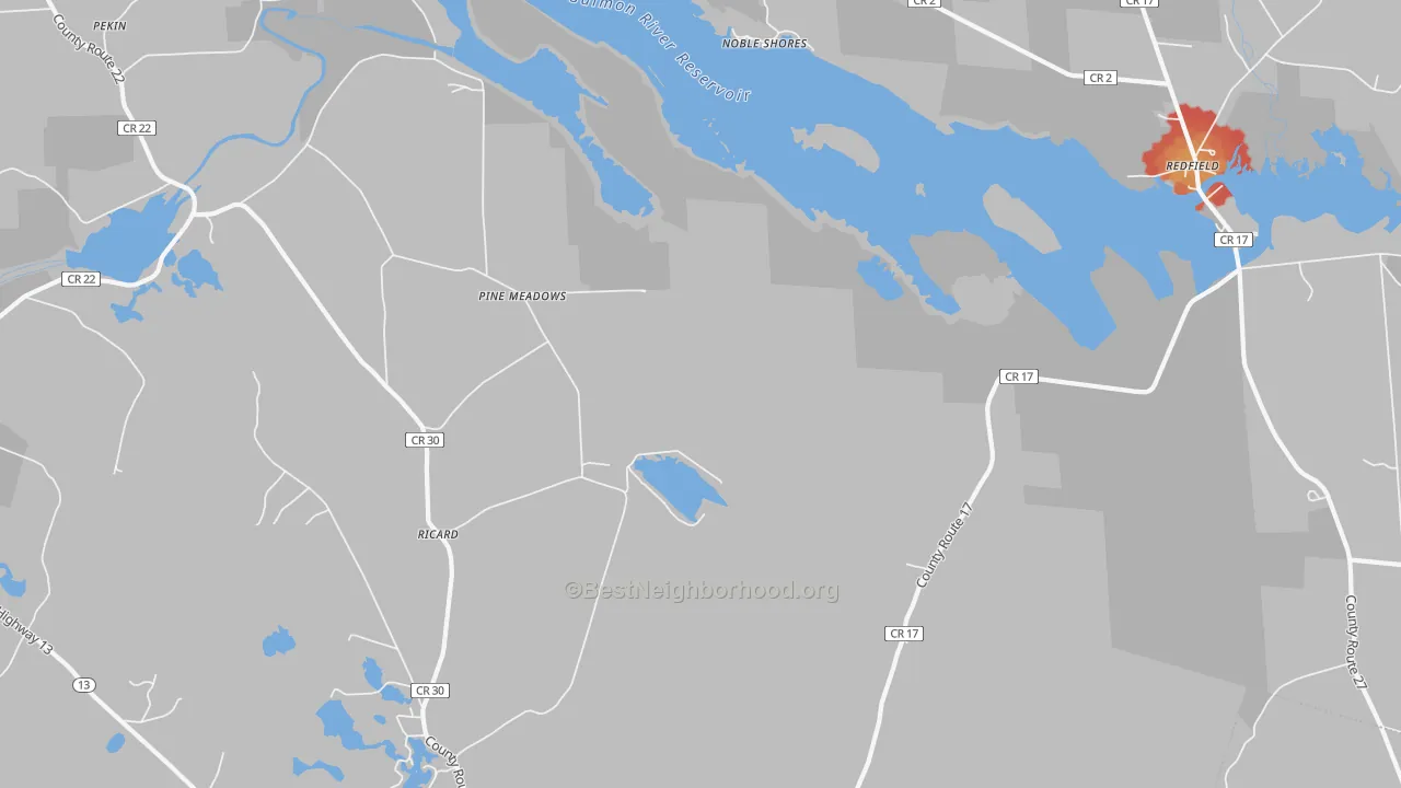 Walk Grade map of Pine Meadows, NY, walkable areas in green and car-dependent areas in red