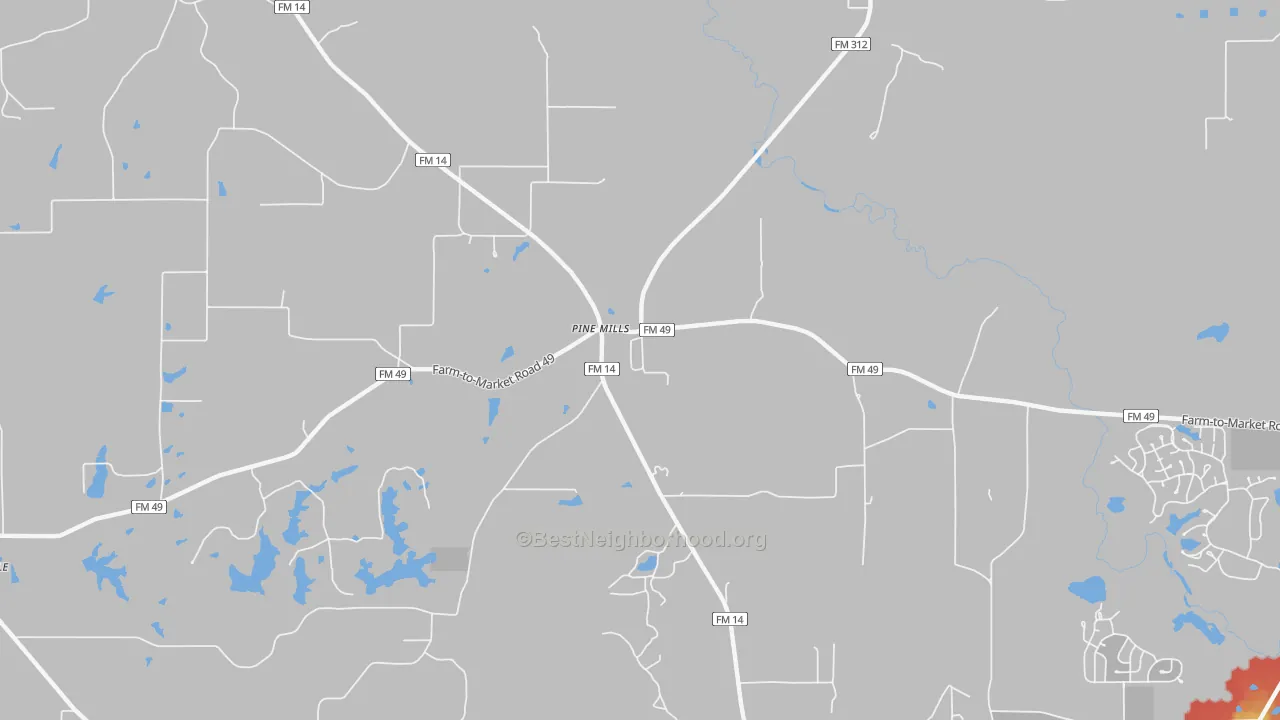 Walk Grade map of Pine Mills, TX, walkable areas in green and car-dependent areas in red