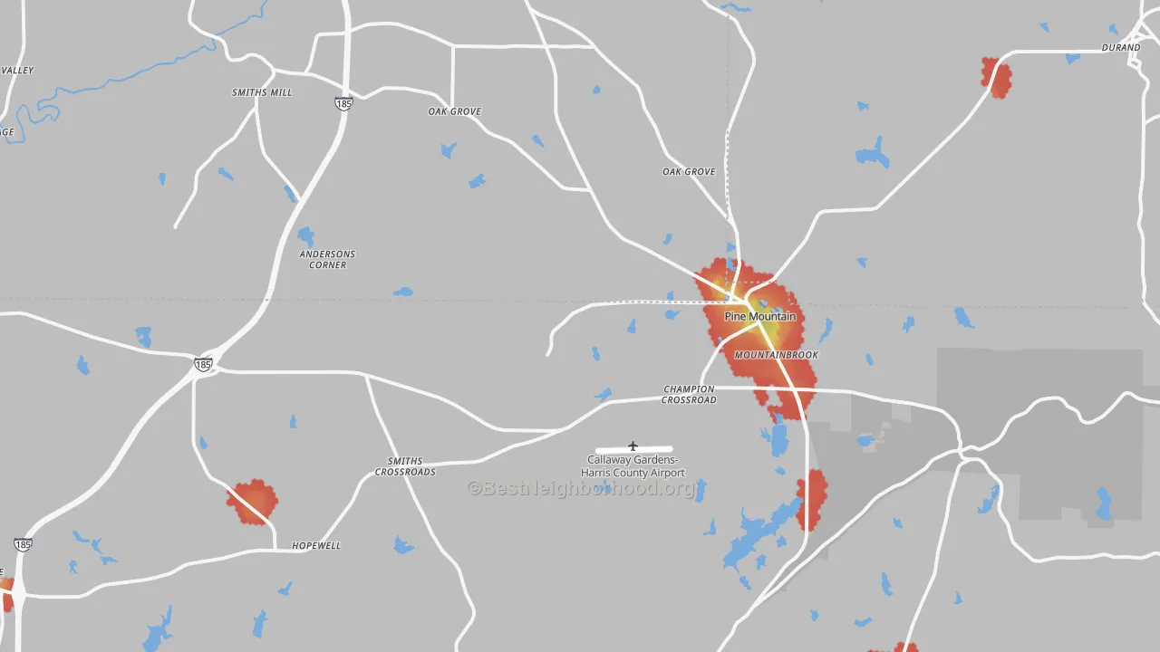 Walk Grade map of Pine Mountain, GA, walkable areas in green and car-dependent areas in red