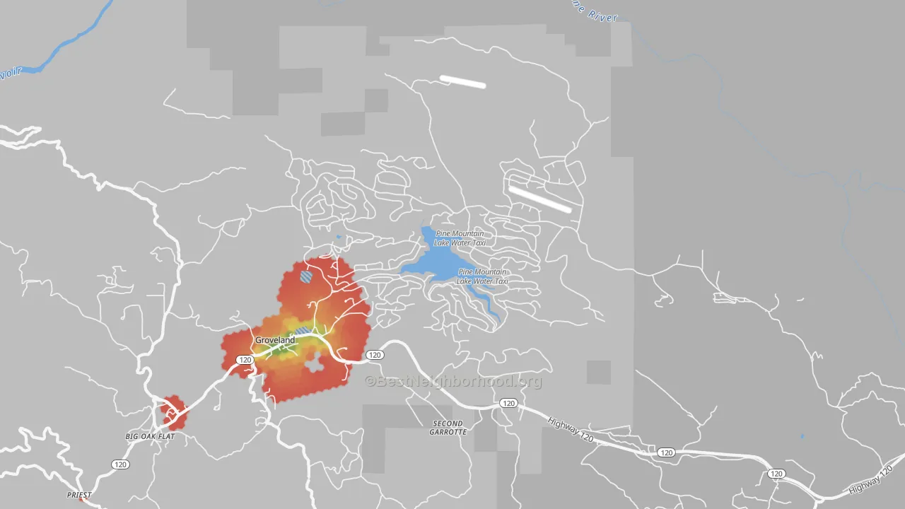 Walk Grade map of Pine Mountain Lake, CA, walkable areas in green and car-dependent areas in red
