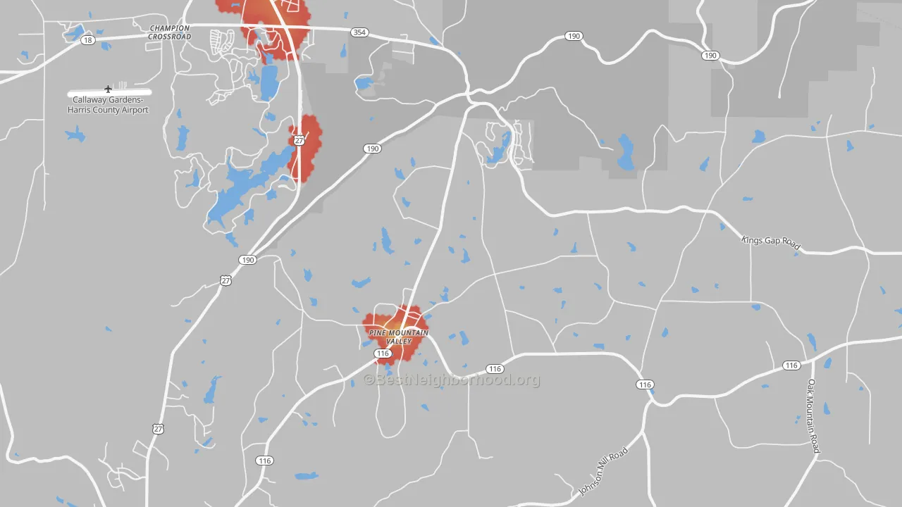 Walk Grade map of Pine Mountain Valley, GA, walkable areas in green and car-dependent areas in red