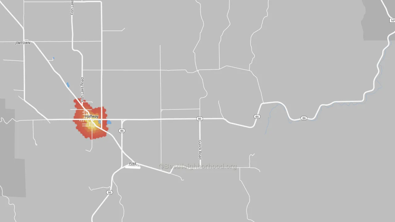 Walk Grade map of Pine, OR, walkable areas in green and car-dependent areas in red