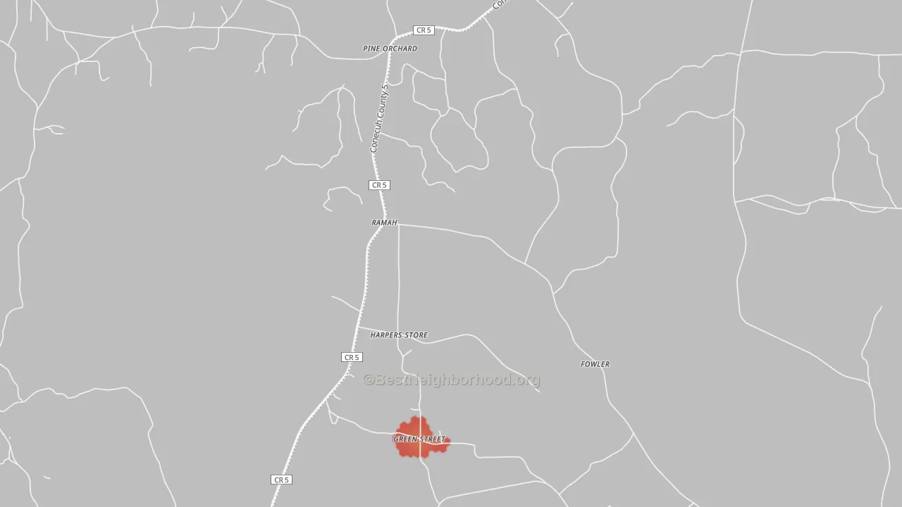 Walk Grade map of Pine Orchard, AL, walkable areas in green and car-dependent areas in red
