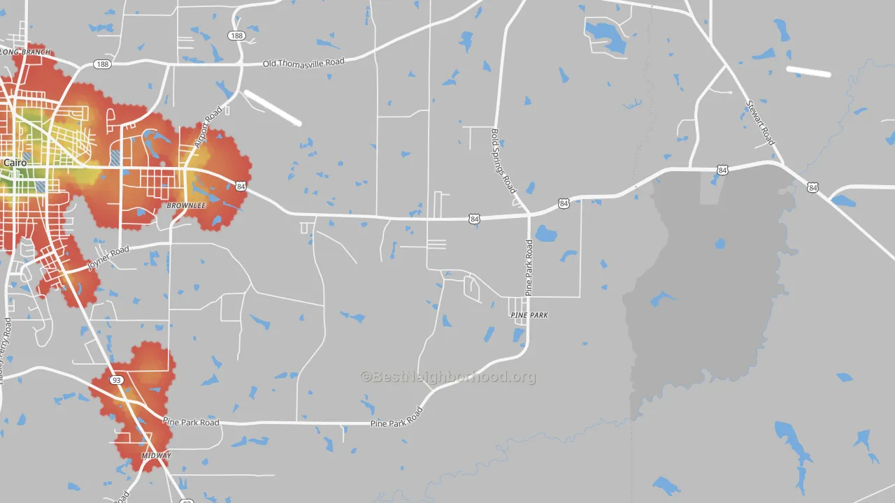 Walk Grade map of Pine Park, GA, walkable areas in green and car-dependent areas in red