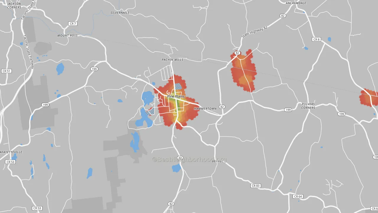 Walk Grade map of Pine Plains, NY, walkable areas in green and car-dependent areas in red