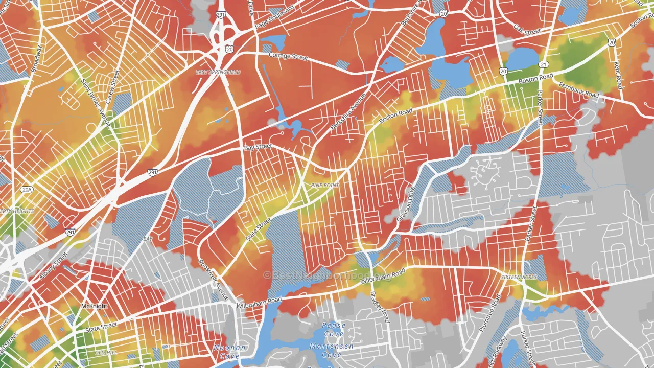 Walk Grade map of Pine Point, Springfield, MA, walkable areas in green and car-dependent areas in red
