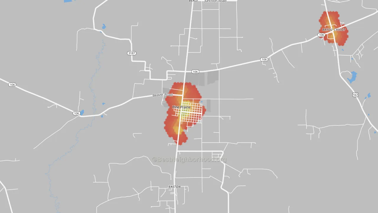 Walk Grade map of Pine Prairie, LA, walkable areas in green and car-dependent areas in red