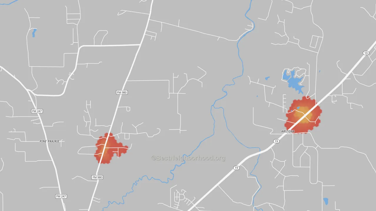 Walk Grade map of Pine Prairie, TX, walkable areas in green and car-dependent areas in red