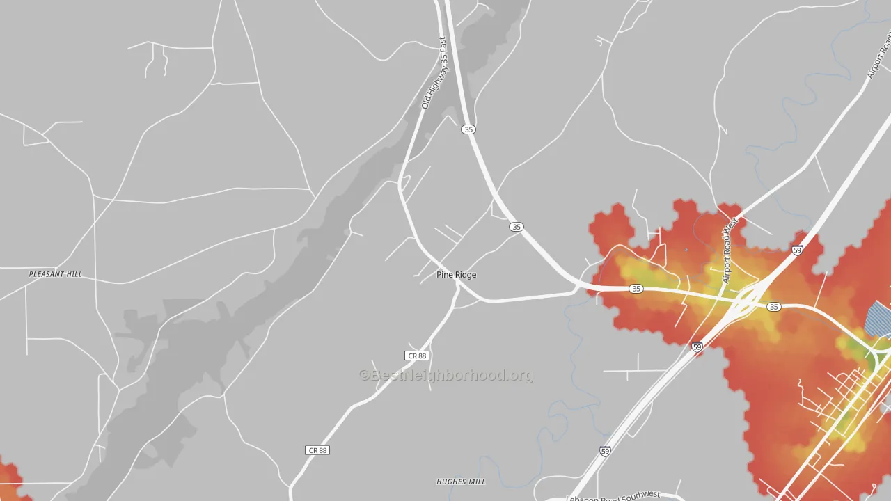 Walk Grade map of Pine Ridge, AL, walkable areas in green and car-dependent areas in red