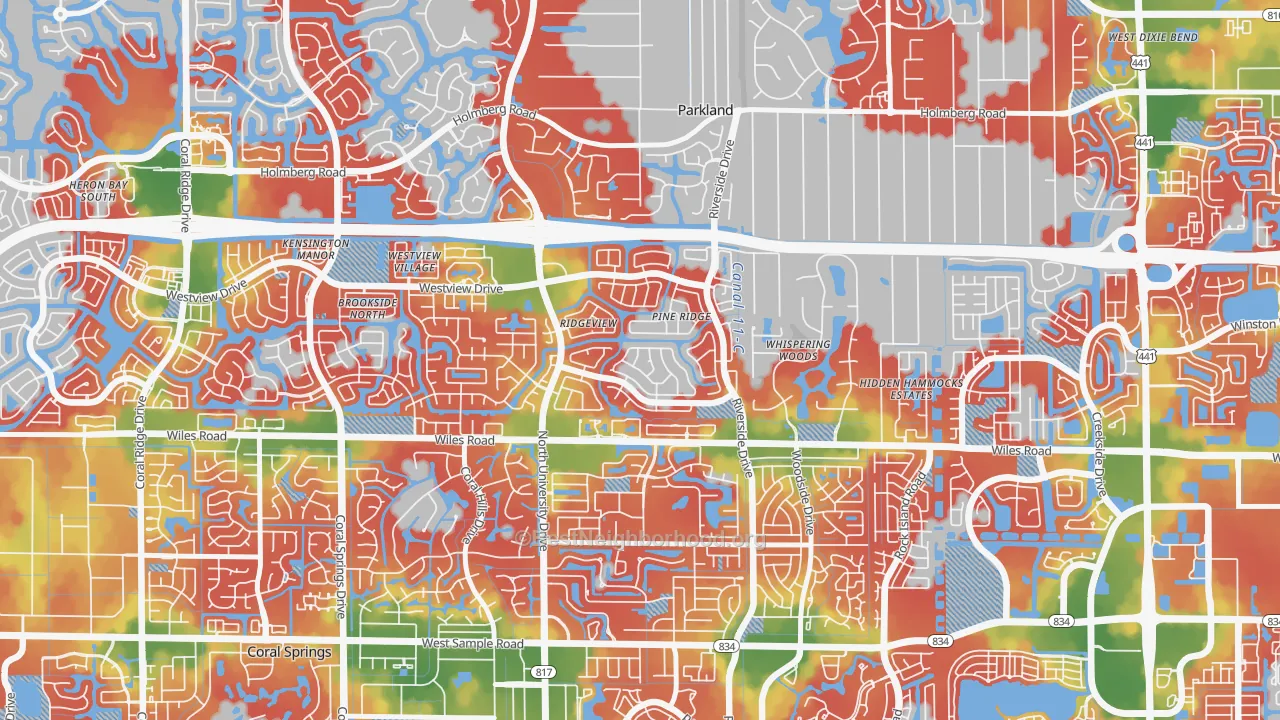 Walk Grade map of Pine Ridge, Coral Springs, FL, walkable areas in green and car-dependent areas in red